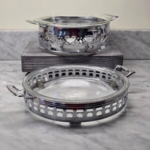 Vintage Fire-King and Pyrex Casserole Set with Silver Plated Filigree Carriers